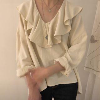 Ruffle-trim Long-sleeve Blouse Beige - One Size