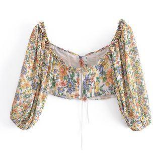 Puff-sleeve Floral Print Crop Blouse