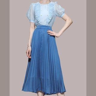 Puff-sleeve Ruffled Top / Accordion Pleat Midi A-line Skirt