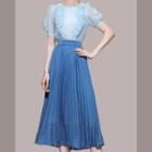 Puff-sleeve Ruffled Top / Accordion Pleat Midi A-line Skirt