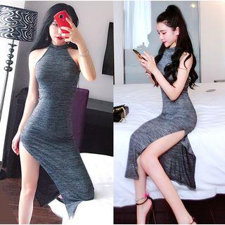 Halter Midi Slit Sheath Dress