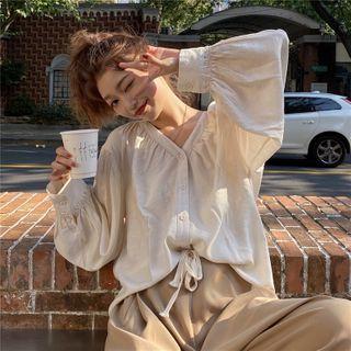 V-neck Puff-sleeve Ruched Shirt