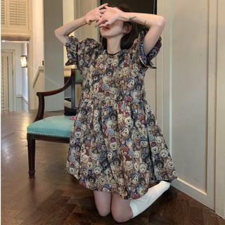 Puff-sleeve Bear Print Mini A-line Dress Bear - White & Brown - One Size