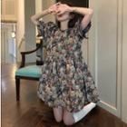 Puff-sleeve Bear Print Mini A-line Dress Bear - White & Brown - One Size