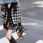 V-neck Check Sweater / Pleated Mini A-line Skirt