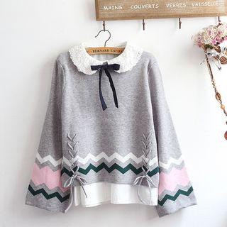 Set: Patterned Sweater + Lace-trim Shirt