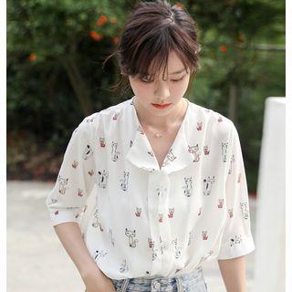 3/4-sleeve Cartoon Cat Printed Chiffon Shirt