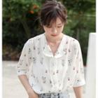3/4-sleeve Cartoon Cat Printed Chiffon Shirt