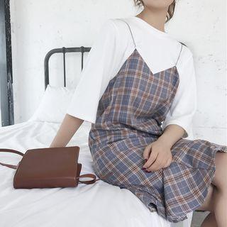 Mock Two Piece Plaid Panel 3/4 Sleeve Dress