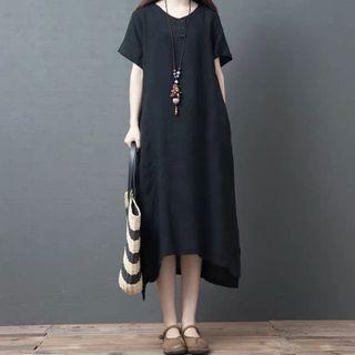 Plain Round-neck Asymmetrical Short-sleeve Medium Maxi Dress