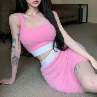 Fluffy Crop Tank Top / Mini Pencil Skirt