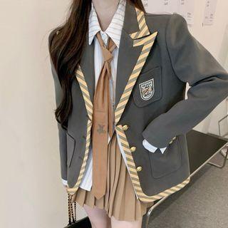 Striped Panel Blazer / Pleated Mini A-line Skirt / Tie-neck Shirt