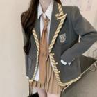 Striped Panel Blazer / Pleated Mini A-line Skirt / Tie-neck Shirt