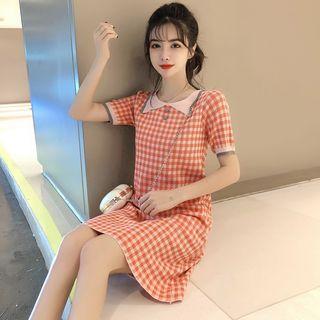 Collared Checked Short-sleeve Knit Dress Red - One Size