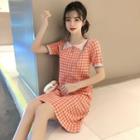 Collared Checked Short-sleeve Knit Dress Red - One Size