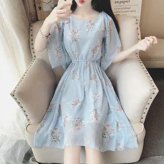 Elbow-sleeve Floral Chiffon A-line Dress / Paneled Printed T-shirt