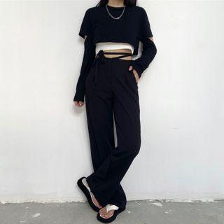 Cut-out Long-sleeve T-shirt / Tank Top / Wide-leg Pants / Set