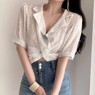 Short-sleeve Open-knit Plain Shirt