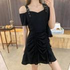 Cold-shoulder Belted Strap Drawstring Mini Dress Black - One Size