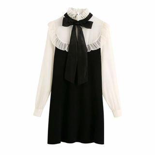 Long-sleeve Ribbon Two Tone Shift Dress