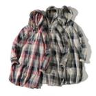Plaid Hooded Button-up Long Coat