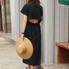 Plain Cutout-back Short-sleeve Dress Black - One Size