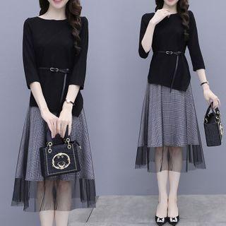 Set; 3/4-sleeve Top + Midi A-line Skirt
