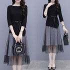 Set; 3/4-sleeve Top + Midi A-line Skirt