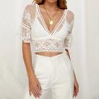 Elbow-sleeve V-neck Lace Crop Top