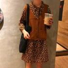Floral Lace-up Long-sleeve Dress / Plain Striped Knit Sleeveless Cardigan
