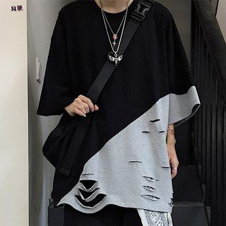 Ripped Two-tone Elbow-sleeve T-shirt