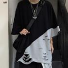 Ripped Two-tone Elbow-sleeve T-shirt
