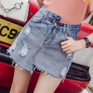 Asymmetric Distressed Denim Mini A-line Skort