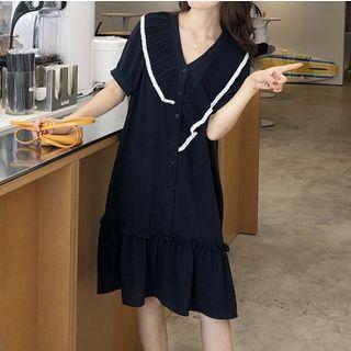 Contrast Trim Pleated Ruffled V-neck Dress