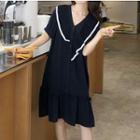 Contrast Trim Pleated Ruffled V-neck Dress
