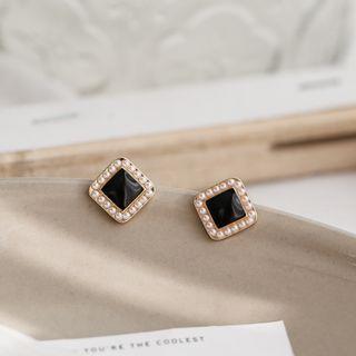 Square Faux Pearl Earring 1 Pair - Earrings - Silver - Faux Pearl - Black - One Size