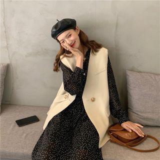 Asymmetrical Double-breasted Vest / Long-sleeve Dotted Midi Shift Dress