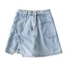 Lace-up Washed Denim Mini A-line Skirt