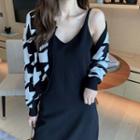 Long-sleeve Pattern Printed Knit Cardigan / Sleeveless Plain Dress