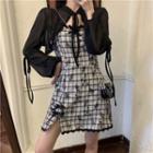 Spaghetti-strap Plaid Mini A-line Dress / Long-sleeve Shawl