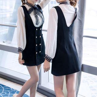 Set: Long-sleeve Top + Double Breasted Mini Pinafore Dress