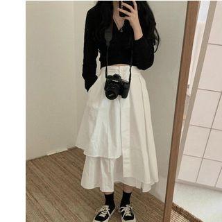 V-neck Cropped Knit Top / Asymmetric A-line Midi Skirt