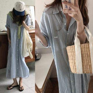 Striped Midi Shirtdress Stripes - Grayish Blue & White - One Size