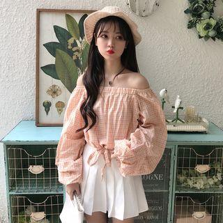 Puff-sleeve Off-shoulder Plaid Blouse As Shown In Figure - One Size