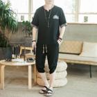 Set: Elbow-sleeve Embroidered T-shirt + Capri Pants