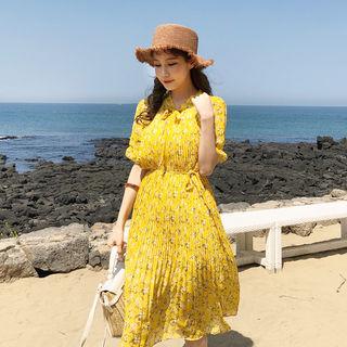 Accordion-pleated Floral Print Chiffon Dress Yellow - One Size