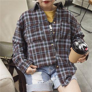Lettering Panel Plaid Long-sleeve Shirt