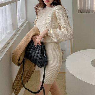 Lantern-sleeve Ribbed Mini Sweater Dress White - One Size