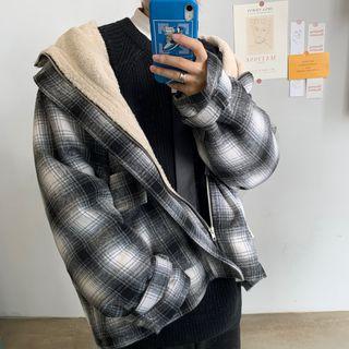 Belted-collar Gingham Fleece-lined Jacket