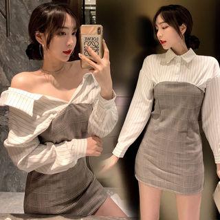 Shirt-panel Glen-plaid Mini Dress Gray - One Size